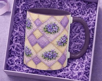Cottagecore Patchwork Floral Mug – Purple Watercolor Quilt-Style Coffee Mug, Cozy Gift