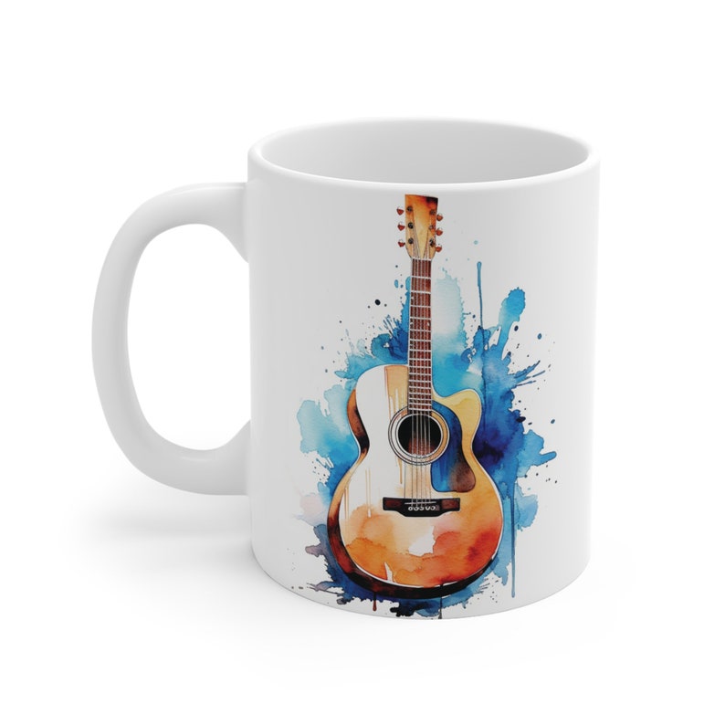 Guitar Acoustic Cool 11oz Coffee Mug Gift for Musicians Music Teachers Water Color image 6