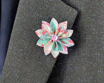 Handmade Washi Paper Flower Lapel Pin with Rose Quartz – Floral Accent Accessory