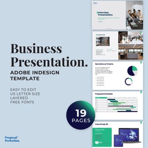 May include: A 19-page business presentation template designed for Adobe InDesign. The template features a green and white colour scheme with a modern and professional design. The template includes a variety of slides, such as a title slide, a narrative slide with charts, a proposed schedule slide, and a case study slide. The template is easy to edit and includes free fonts.