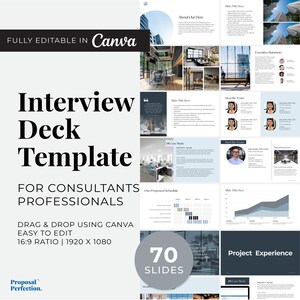 Puede incluir: Una plantilla de presentación de entrevista de 70 diapositivas para consultores y profesionales. La plantilla es totalmente editable en Canva e incluye funcionalidad de arrastrar y soltar. La plantilla está diseñada para una proporción de 16:9 y tiene 1920 x 1080 píxeles.