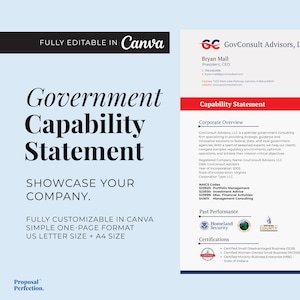 Peut inclure: Un modèle de déclaration de capacité gouvernementale bleu et blanc avec le texte "Déclaration de capacité gouvernementale" en gros caractères, en gras et en noir. Le modèle est entièrement personnalisable dans Canva et est conçu pour mettre en valeur les capacités d'une entreprise. Le modèle comprend des sections pour la présentation de l'entreprise, les codes NAICS, les performances passées et les certifications.