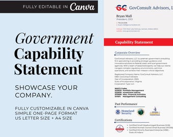 Plantilla de declaración de capacidad de consultoría de GovCon: profesional, personalizable y lista para el éxito en la contratación gubernamental. Edite en Canva