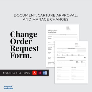 May include: A black and white printable change order request form with the title "Change Order Request Form" at the top. The form includes sections for project overview, change order impact, approvals, and stakeholder information.