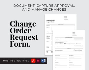 May include: A black and white printable change order request form with the title "Change Order Request Form" at the top. The form includes sections for project overview, change order impact, approvals, and stakeholder information.