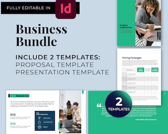 May include: A business bundle template with the text "Business Bundle" and "Include 2 Templates: Proposal Template, Presentation Template". The templates are fully editable in Adobe InDesign.