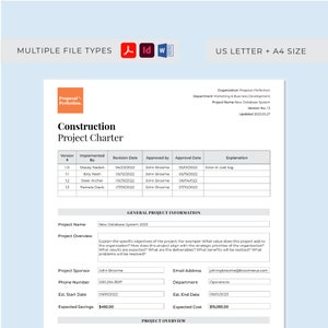 May include: A construction project charter template with a table outlining the project's version, implemented by, revision date, approved by, approval date, and explanation. The project name is "New Database System 2023".