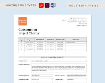 Professional Construction Project Charter Customizable Template & Instant Download, Fillable and Printable PDF, Word InDesign Template Plan