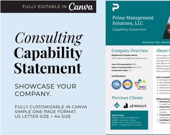 Consulting Capability Statement Template | Professional, Customizable, and Ready for Government Contracting Success, Edit in Canva