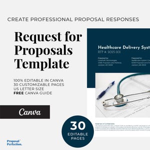 Puede incluir: Un gráfico azul y blanco con el texto "Solicitud de propuestas Plantilla" y "Sistema de entrega de atención médica RFP # 2025-201". El gráfico también incluye un estetoscopio y un bolígrafo en una tabla médica.