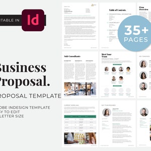 Könnte beinhalten: Eine Business-Proposal-Vorlage, die in Adobe InDesign entworfen wurde. Die Vorlage zeichnet sich durch ein modernes, sauberes Design mit einem blauen und grünen Farbschema aus. Die Vorlage umfasst über 35 Seiten und ist vollständig editierbar. Der Text auf der Seite lautet "Business Proposal. Proposal Template. Adobe InDesign Template. Easy to Edit. US Letter Size."