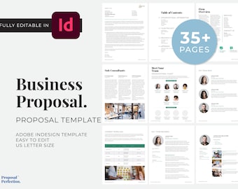 May include: A business proposal template designed in Adobe InDesign. The template features a modern, clean design with a blue and green color scheme. The template includes 35+ pages and is fully editable. The text on the page reads "Business Proposal. Proposal Template. Adobe InDesign Template. Easy to Edit. US Letter Size."