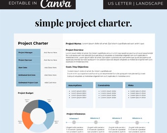 Professional Simple Project Charter Customizable Canva Template & Instant Download | Project Charter for Project Approval PMBOK Documents