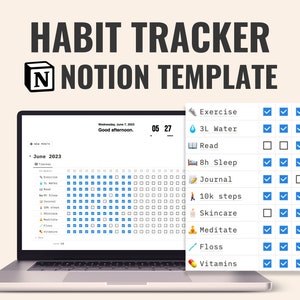 May include: A laptop displaying a digital habit tracker template. The screen shows a calendar layout with checkboxes for tracking daily habits like exercise, water intake, reading, and sleep. The text "HABIT TRACKER NOTION TEMPLATE" is at the top.