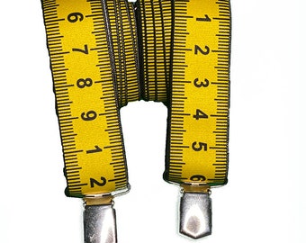 Suspenders 35 mm wide with strong clips, in meter tape yellow/black design