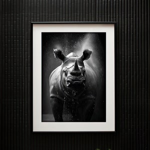 Retrato en blanco y negro de un poderoso rinoceronte en una bañera con ducha humeante Arte de pared / Fotografía de rinoceronte / Arte de rinoceronte / Impresión artística de baño / Impresión artística física