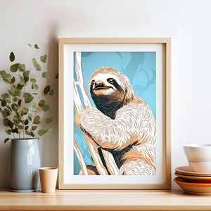 Bohemian Sloth Line Art Illustration | Sloth Wall Art Animal Print For Home, College Apartment Decor, Dorm & Office