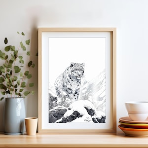 Snow Leopard Hyperdetailed Bohemian Line Art | Snow Leopard Wall Art Animal Print For Home, College Apartment Decor, Dorm & Office