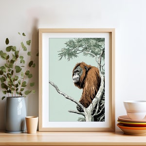 Arte de parede animal de linogravura vintage de orangotango | Impressão animal de arte de parede de macaco para casa, decoração de apartamento universitário, dormitório e escritório