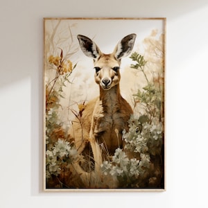 Australischer Herbst Känguru Portrait Vintage Kunstdruck | Mid Century Modern Style australisches Outback Wildnis Poster