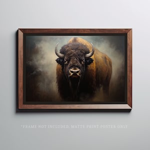 American Bison Stare: Stampa artistica di un poster di bufalo d'epoca in tonalità scure con riflessi color rame
