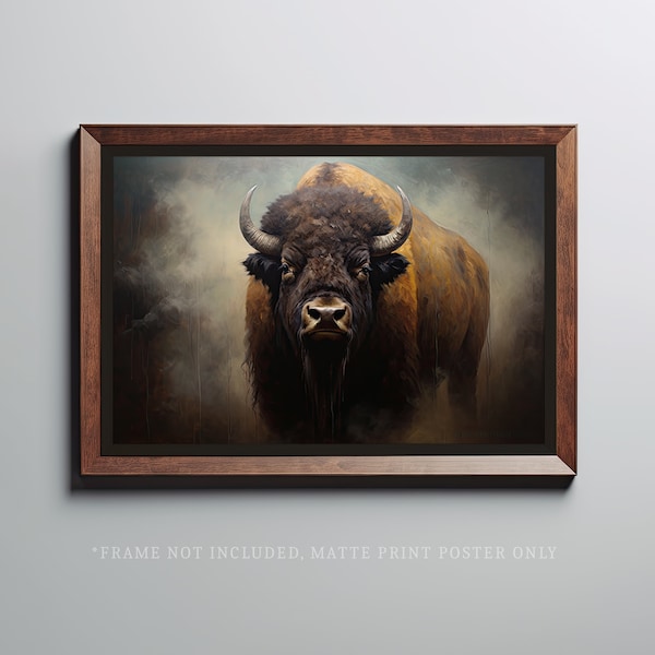 American Bison Stare: Vintage Buffalo Poster Art Print in Dark Hues with Copper Highlights