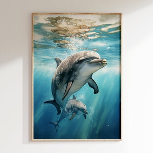 Delfines nadando bajo agua azul clara retrato vintage color arte impresión / mediados de siglo estilo moderno náutico oceánico marino cartel de vida silvestre
