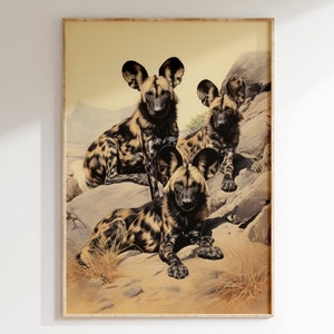 Retrato de una familia de perros salvajes africanos en reposo, impresión artística vintage en color, póster de la naturaleza africana de estilo moderno de mediados de siglo