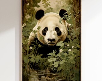 Giant Panda Tranquil Scene by Stream Portrait Vintage Color Art Print | Mid Century Modern Style Chinese Bamboo Forest Wilderness Poster