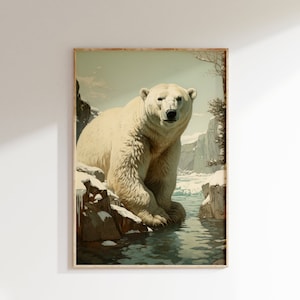 Polar Bear Pause Portrait Vintage Color Art Print | Mid Century Modern Style Polar Arctic Wilderness Poster