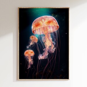 Trío de medusas iluminan el océano Retrato de arte vintage en color Impresión / Póster de vida silvestre marina oceánica de estilo moderno de mediados de siglo