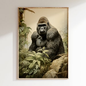 Earthy Tones Gorilla Portrait Color Art Print | Mid Century Modern Style African Wilderness Poster