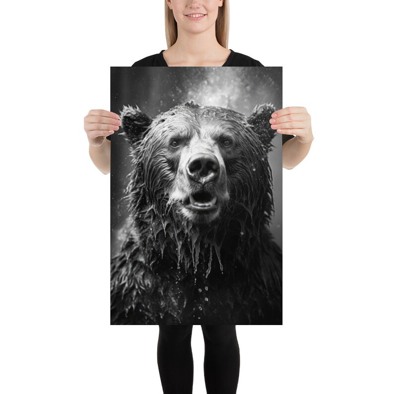 Grizzly Bear B&W Cute Portrait in Steamy Shower Tub Wall Art Grizzly