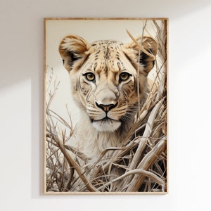 Lioness Portrait Vintage Color Art Print | Mid Century Modern Style African Wilderness Poster