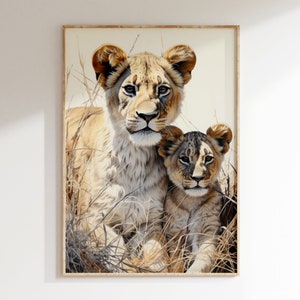 Lioness and Cub Portrait Vintage Color Art Print | Mid Century Modern Style African Wilderness Poster