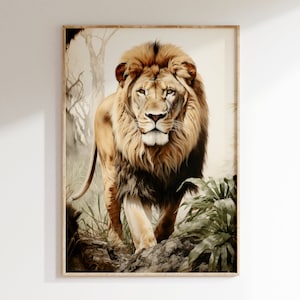 Rustic Wilderness Lion Portrait Vintage Color Unframed Art Print | Mid Century Modern Style African Wilderness Poster