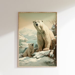 Polar Bear Mother and Cub Portrait Vintage Color Art Print | Mid Century Modern Style Polar Arctic Wilderness Poster