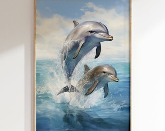 Dolphin Duo Swim Side by Side Portrait Vintage Color Art Print | Mid Century Modern Style Nautical Oceanic Marine Wildlife Poster