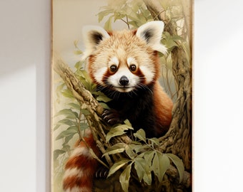 Observant Red Panda Portrait Vintage Color Art Print | Mid Century Modern Style Himalayan Region Wilderness Poster