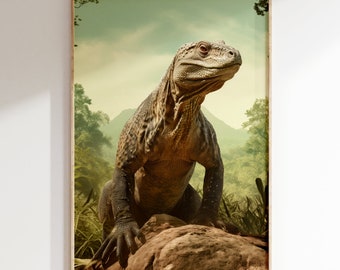 Majestic Komodo Dragon Portrait Vintage Color Art Print | Mid Century Modern Style Indonesian Jungle Wilderness Poster