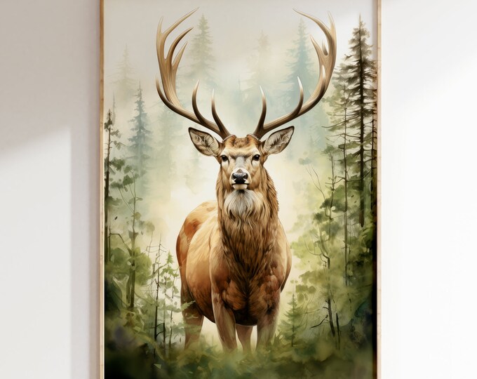 Majestic Elk in Misty Forest Portrait Vintage Color Art Print | Mid ...