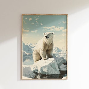 Polar Bear Arctic Sentinel Portrait Vintage Color Art Print | Mid Century Modern Style Polar Arctic Wilderness Poster
