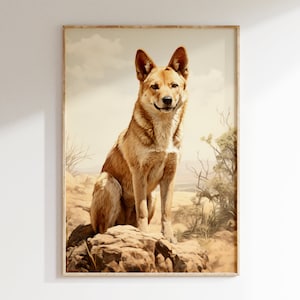 Dingo in Sun-Kissed Outback Sun Portrait Vintage Color Art Print | Mid Century Modern Style Australian Outback Wilderness Poster