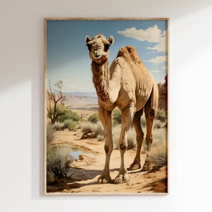 Camel Grazes Alone in Desert Portrait Vintage Color Art Print | Mid Century Modern Style African Wilderness Poster