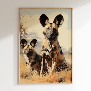 Perros salvajes descansando en la sabana. Impresión artística vintage en color. Póster de la naturaleza africana de estilo moderno de mediados de siglo.