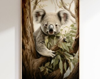 Koala in Eucalyptus Tree Portrait Vintage Color Art Print | Mid Century Modern Style Australian Outback Wilderness Poster