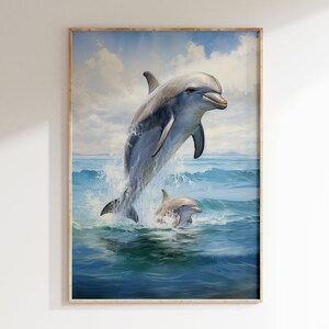 Dolphin Mama Swims with Baby Portrait Vintage Color Art Print | Mid Century Modern Style Nautical Oceanic Marine Wildlife Poster