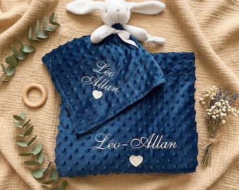 Ensemble de Couverture et Doudou Brodées, Couverture Personnalisée avec Prénom de Bébé & Doudou Personnalisé Doux