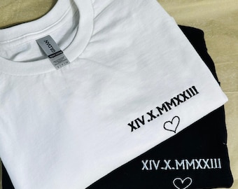 Customizable Couple T-Shirt with Roman Numeral, Unisex Crew Neck T-Shirt with Personalized Embroidered Date and Heart
