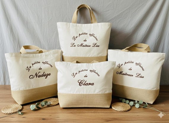 Sac Cabas Jute Brodé Prénom | ToteBag Personnalisé Cadeau Maman Maîtresse